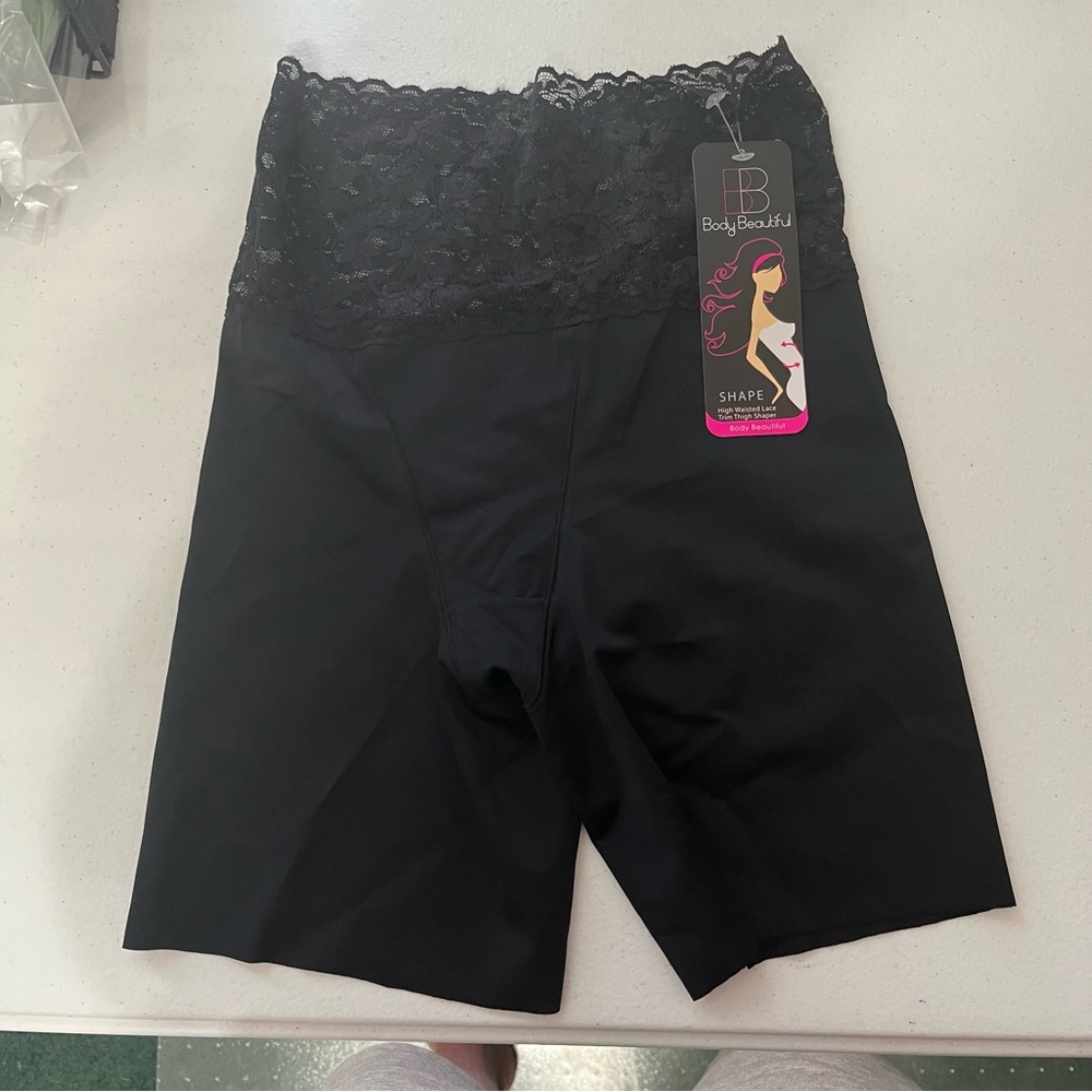 Body Beautiful Black Lace Trim Shape Wear Shorts High Waist Thigh Shaper NWT